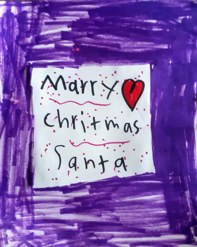 A child's note to Santa with a purple marker border and the words, "Marry Chritmas Santa"