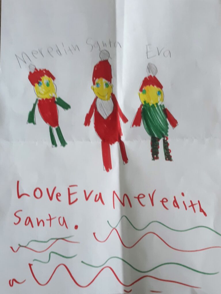 A child's note to Santa with a drawing of two children and Santa all wearing Santa hats and smiling.