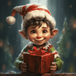 Colorful art of elf child wearing a Santa hat and holding a present wrapped in red paper and a red bow.