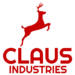 Claus Industries business logo, a red reindeer leaping from atop the words, "Claus Industries"