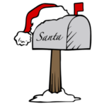 A cartoon mailbox topped with a Santa hat and the word, "Santa" written on the side.