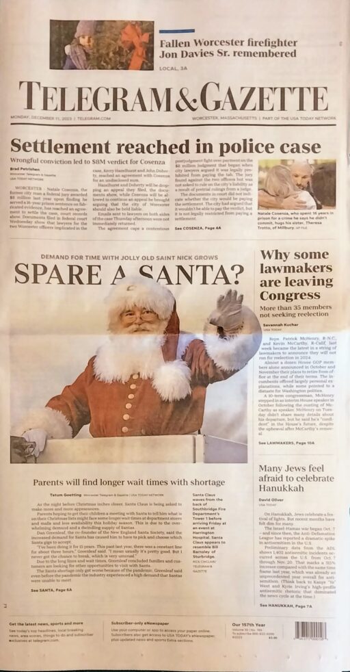 The front page of the Worcester Telegram & Gazette featuring an article about Santa Claus with an image of Santa Claus waving at an unseen crowd.