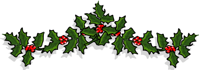 A section of green holly garland with red berries.